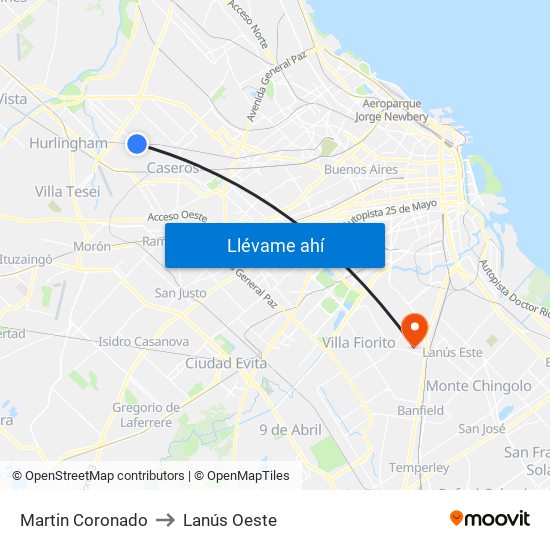 Martin Coronado to Lanús Oeste map