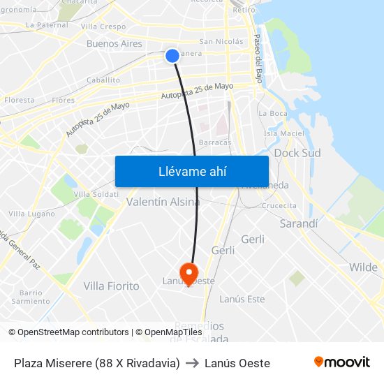 Plaza Miserere (88 X Rivadavia) to Lanús Oeste map