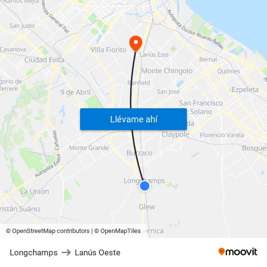 Longchamps to Lanús Oeste map