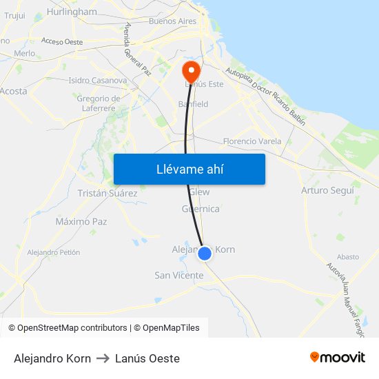 Alejandro Korn to Lanús Oeste map