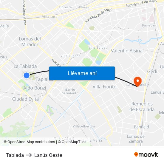 Tablada to Lanús Oeste map