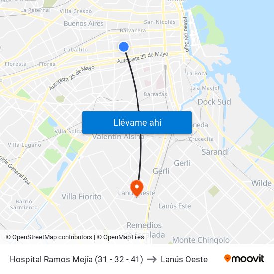 Hospital Ramos Mejía (31 - 32 - 41) to Lanús Oeste map