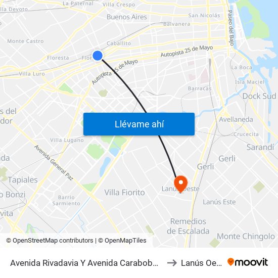 Avenida Rivadavia Y Avenida Carabobo (145) to Lanús Oeste map
