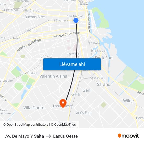 Av. De Mayo Y Salta to Lanús Oeste map