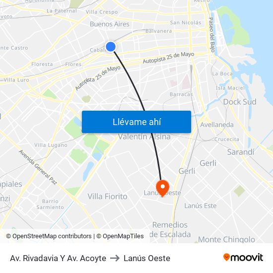Av. Rivadavia Y Av. Acoyte to Lanús Oeste map