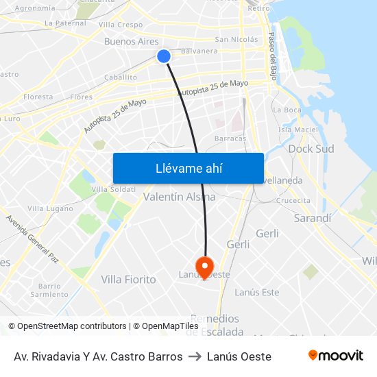 Av. Rivadavia Y Av. Castro Barros to Lanús Oeste map