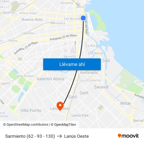 Sarmiento (62 - 93 - 130) to Lanús Oeste map