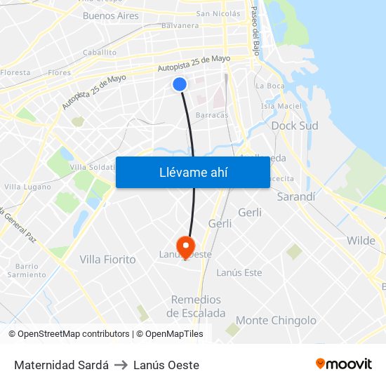 Maternidad Sardá to Lanús Oeste map