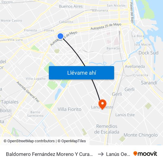 Baldomero Fernández Moreno Y Curapaligüe to Lanús Oeste map