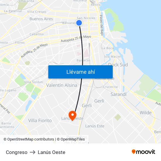 Congreso to Lanús Oeste map