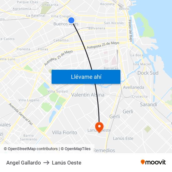 Angel Gallardo to Lanús Oeste map