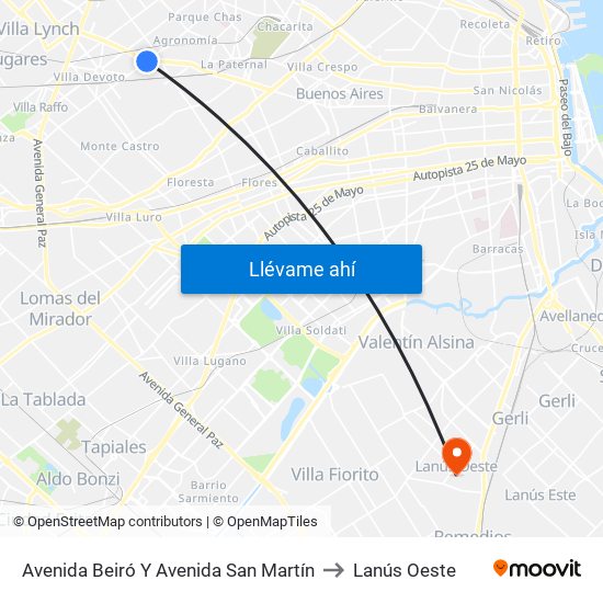 Avenida Beiró Y Avenida San Martín to Lanús Oeste map