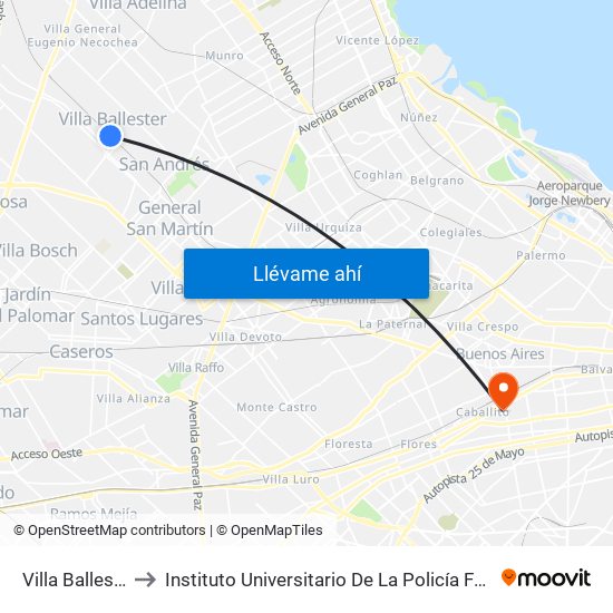 Villa Ballester to Instituto Universitario De La Policía Federal map