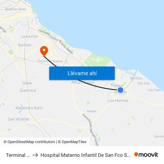 Terminal La Plata to Hospital Materno Infantil De San Fco Solanosan Francisco Solano map