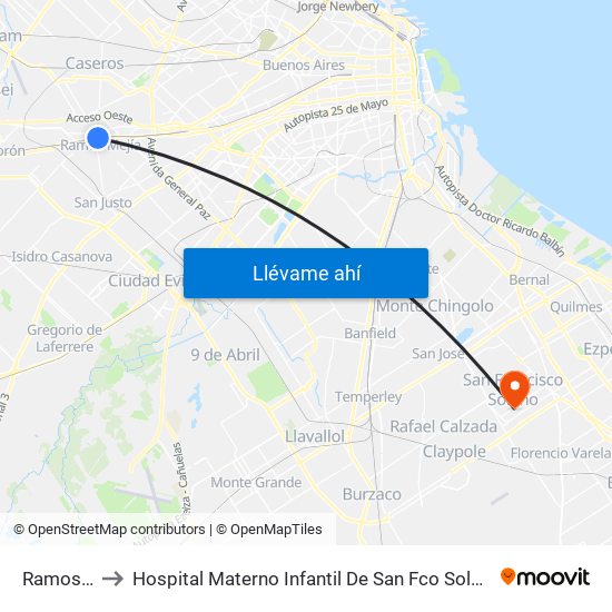Ramos Mejía to Hospital Materno Infantil De San Fco Solanosan Francisco Solano map