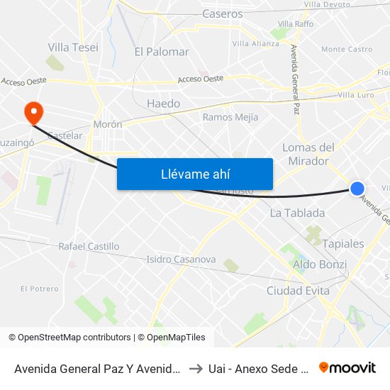 Avenida General Paz Y Avenida Eva Perón to Uai - Anexo Sede Castelar map