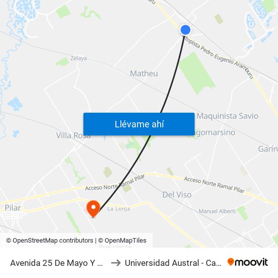 Avenida 25 De Mayo Y Colectora Este to Universidad Austral - Campus Del Pilar map