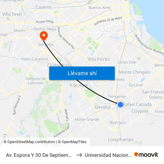 Av. Espora Y 30 De Septiembre - Divisoria Temperley to Universidad Nacional De La Matanza map