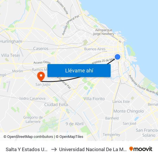 Salta Y Estados Unidos to Universidad Nacional De La Matanza map