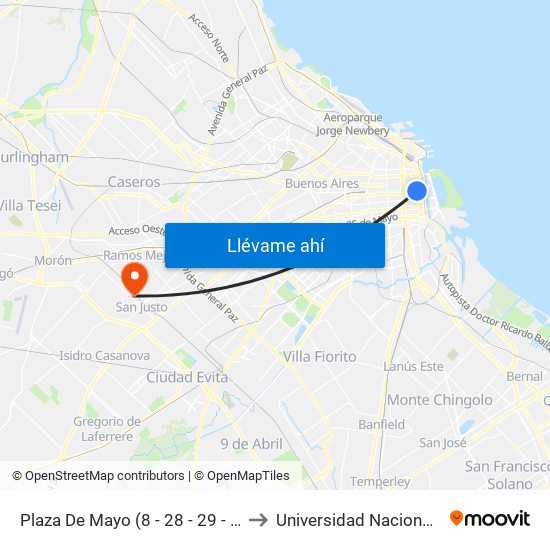 Plaza De Mayo (8 - 28 - 29 - 64 - 105 - 111 - 146) to Universidad Nacional De La Matanza map