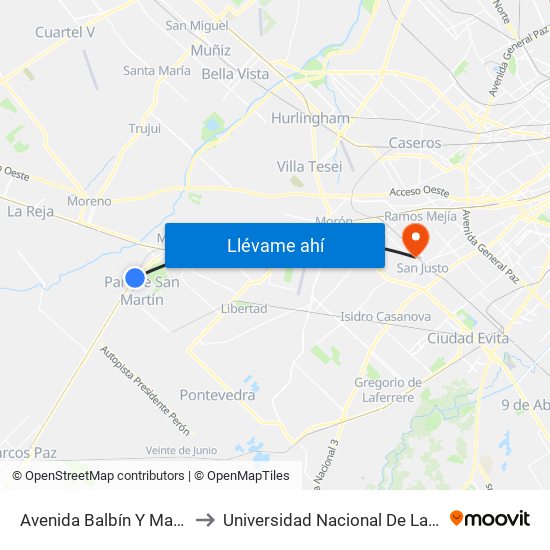 Avenida Balbín Y Madariaga to Universidad Nacional De La Matanza map
