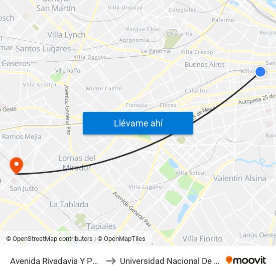 Avenida Rivadavia Y Pasteur (95) to Universidad Nacional De La Matanza map