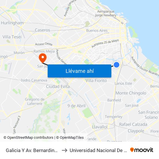 Galicia Y Av. Bernardino Rivadavia to Universidad Nacional De La Matanza map