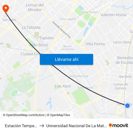 Estación Temperley to Universidad Nacional De La Matanza map