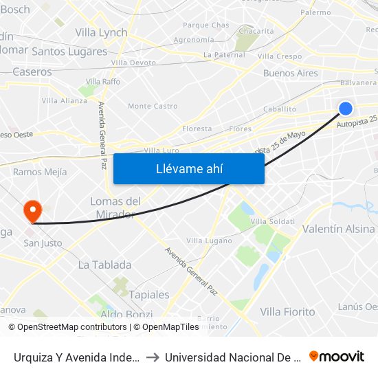 Urquiza Y Avenida Independencia to Universidad Nacional De La Matanza map