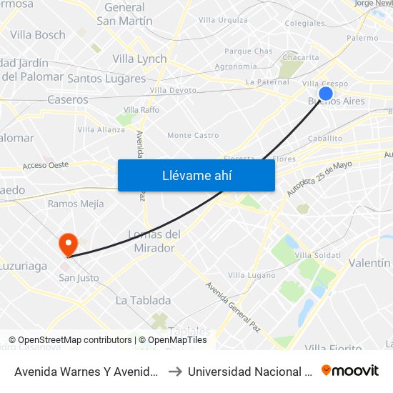 Avenida Warnes Y Avenida Scalabrini Ortiz to Universidad Nacional De La Matanza map