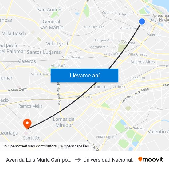 Avenida Luis María Campos Y Maure (29 - 59) to Universidad Nacional De La Matanza map