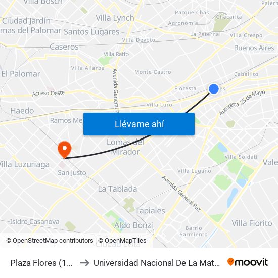 Plaza Flores (134) to Universidad Nacional De La Matanza map
