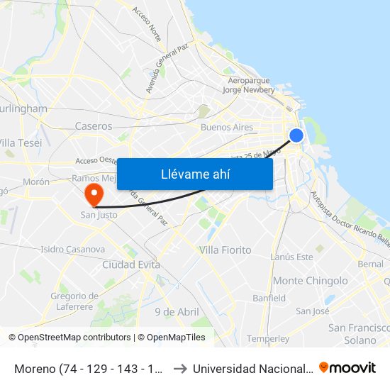 Moreno (74 - 129 - 143 - 159lr - 159 1 - 159 2) to Universidad Nacional De La Matanza map