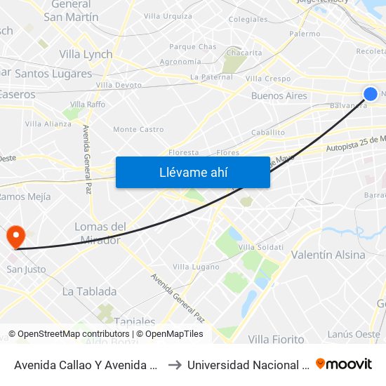 Avenida Callao Y Avenida Corrientes (6 - 50) to Universidad Nacional De La Matanza map
