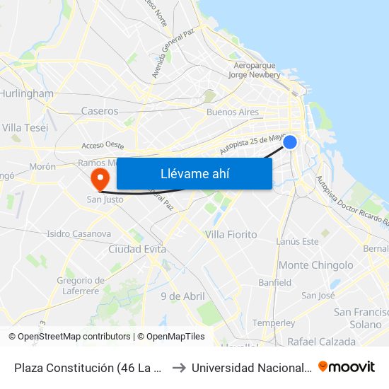 Plaza Constitución (46 La Boca - 65 - 97 Final) to Universidad Nacional De La Matanza map