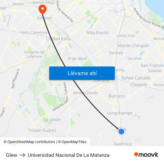 Glew to Universidad Nacional De La Matanza map