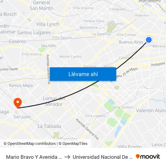 Mario Bravo Y Avenida Corrientes to Universidad Nacional De La Matanza map