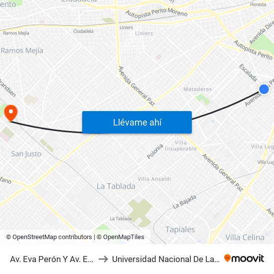 Av. Eva Perón Y Av. Escalada to Universidad Nacional De La Matanza map