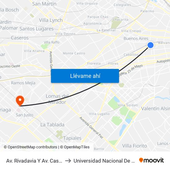 Av. Rivadavia Y Av. Castro Barros to Universidad Nacional De La Matanza map