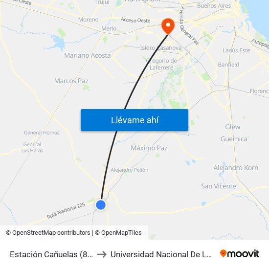 Estación Cañuelas (88 - 218) to Universidad Nacional De La Matanza map