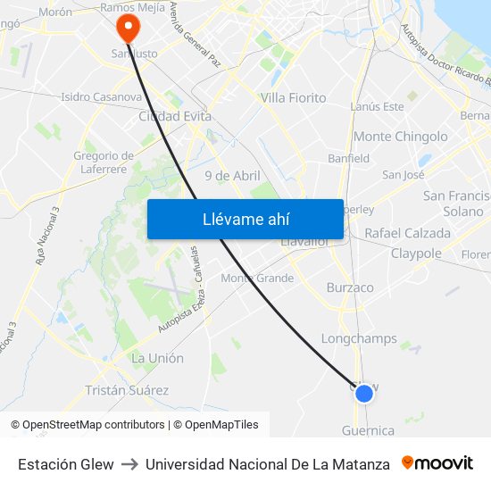 Estación Glew to Universidad Nacional De La Matanza map