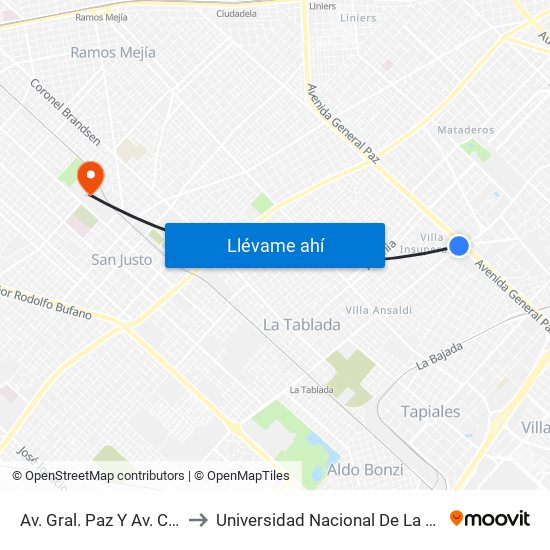 Av. Gral. Paz Y Av. Crovara to Universidad Nacional De La Matanza map