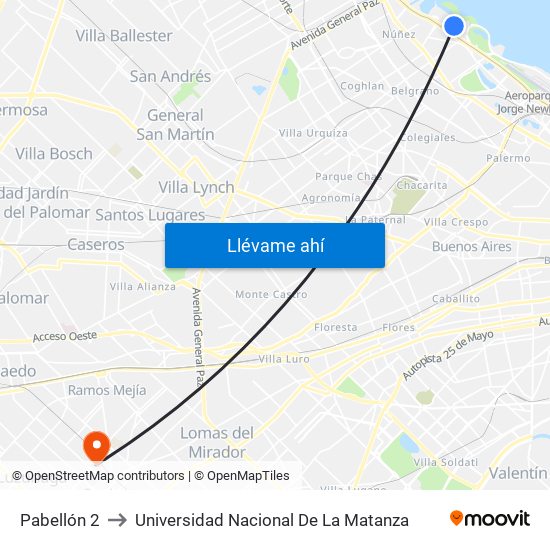 Pabellón 2 to Universidad Nacional De La Matanza map