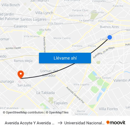 Avenida Acoyte Y Avenida Rivadavia (55 - 145) to Universidad Nacional De La Matanza map