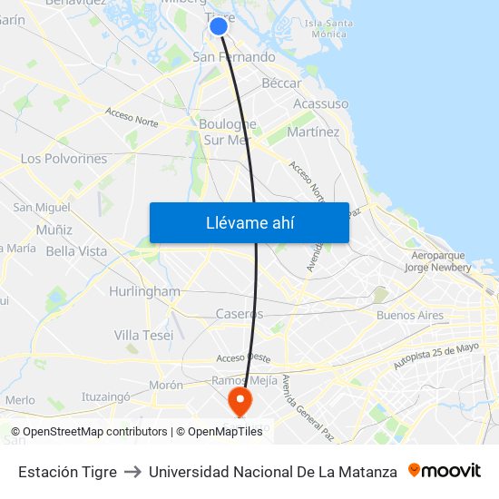 Estación Tigre to Universidad Nacional De La Matanza map