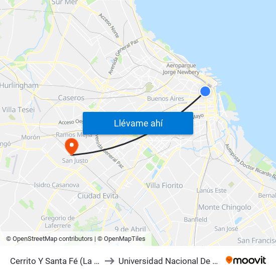 Cerrito Y Santa Fé (La Plata Vip) to Universidad Nacional De La Matanza map