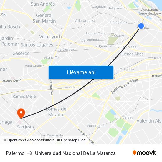 Palermo to Universidad Nacional De La Matanza map