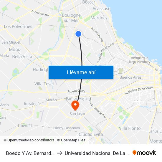 Boedo Y Av. Bernardo Ader to Universidad Nacional De La Matanza map