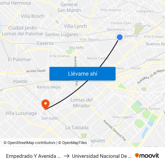 Empedrado Y Avenida San Martín to Universidad Nacional De La Matanza map
