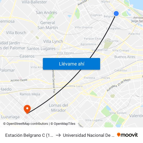 Estación Belgrano C (15 - 29 - 42) to Universidad Nacional De La Matanza map